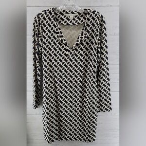 Diane Von Furstenberg Black & White Link Print Silk Dress, Size 6, Black/Cream